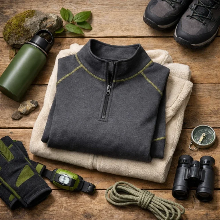 Folded women’s base layer top with simple outdoor layering items