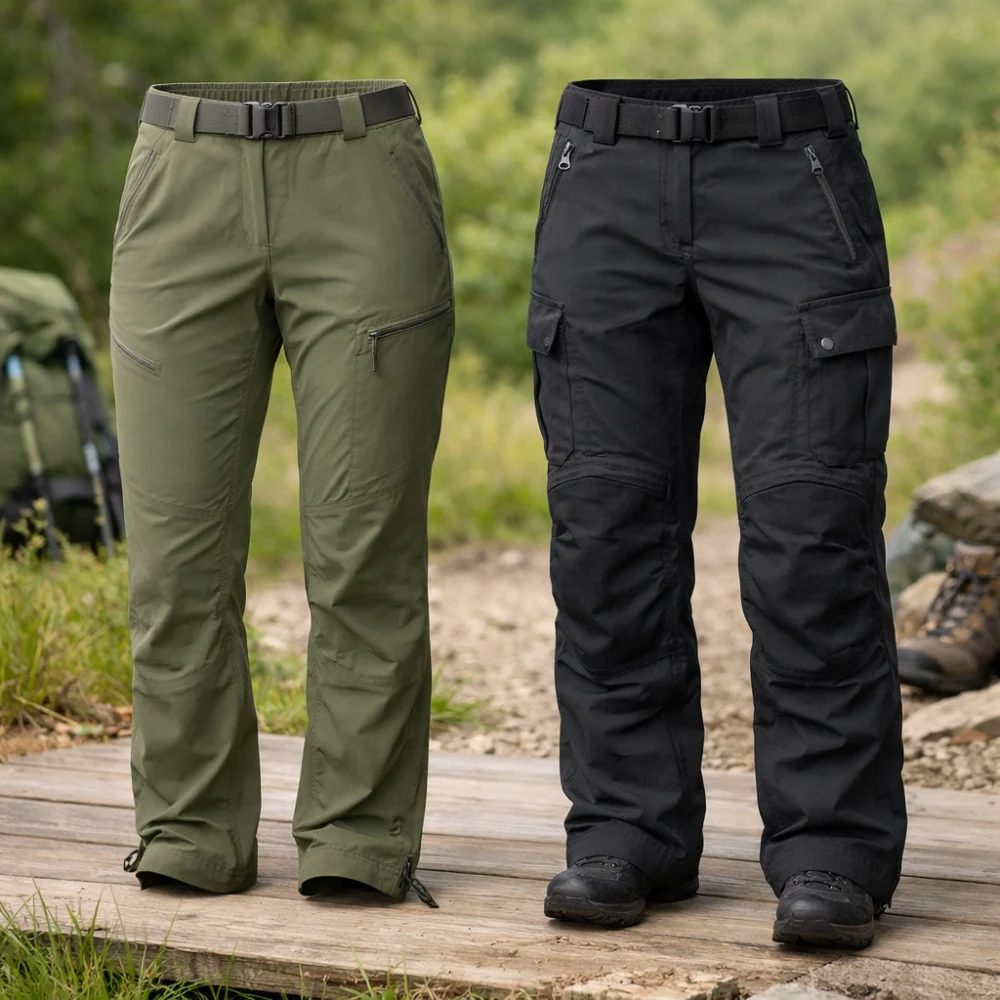 Two styles of women’s outdoor trousers shown side by side for comparison