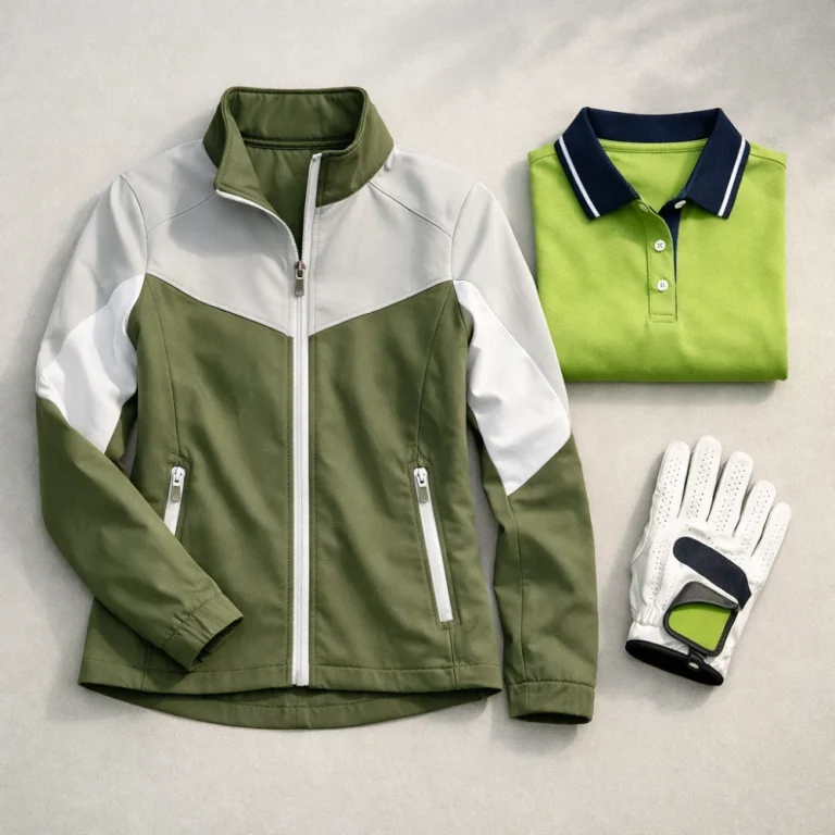 A women’s golf jacket styled with golf clothing on a neutral background.