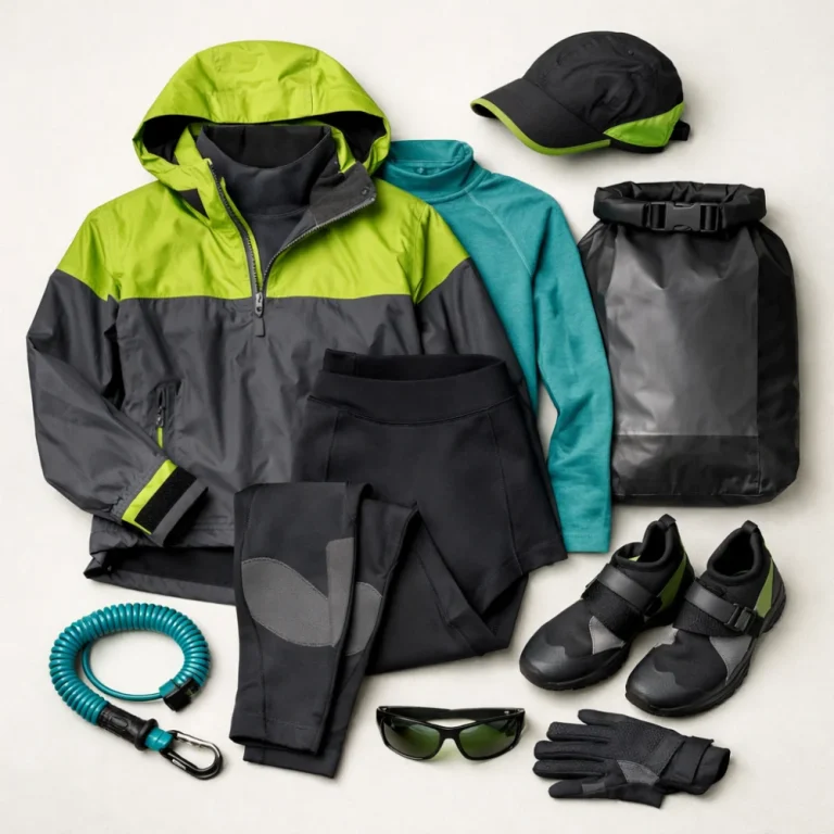 Layered women’s paddlesports clothing arranged on a clean background