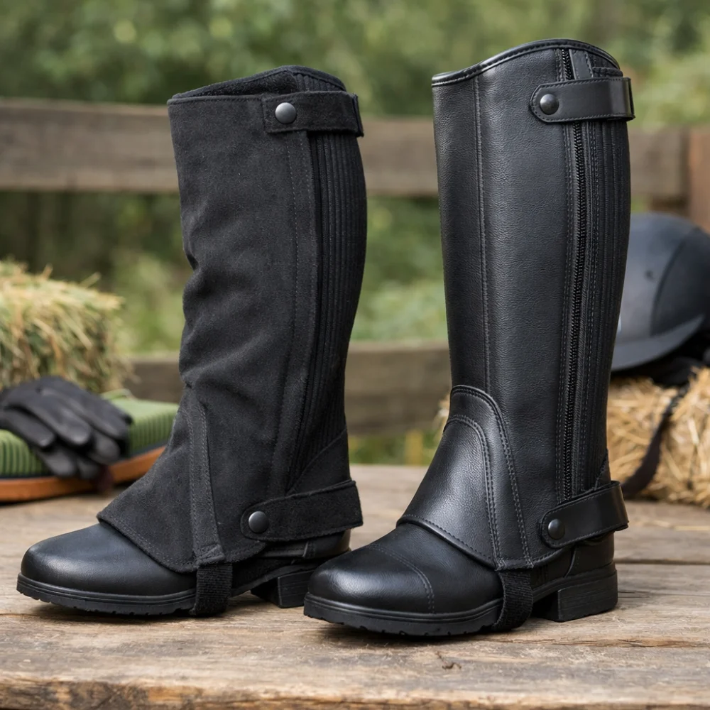 Two unbranded riding chap styles shown side by side to compare flexibility and structure.