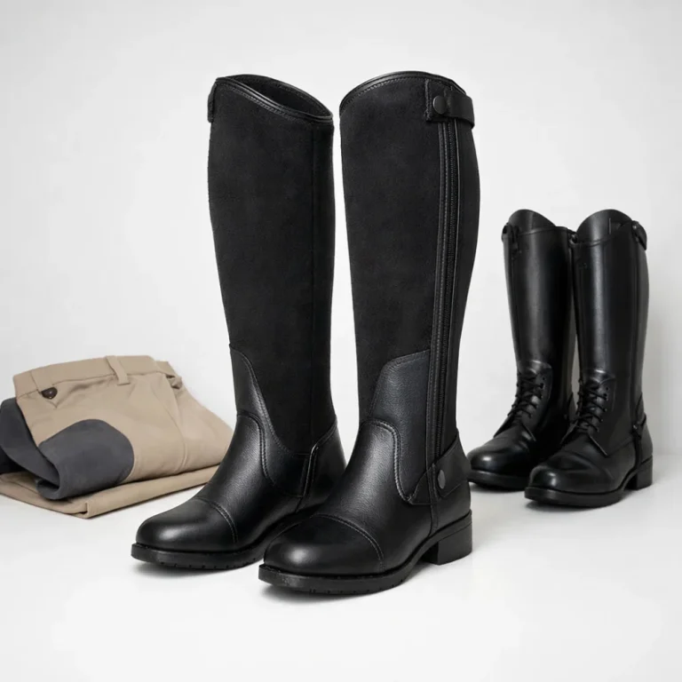Women’s riding chaps styled with riding trousers and boots in a simple studio setting.