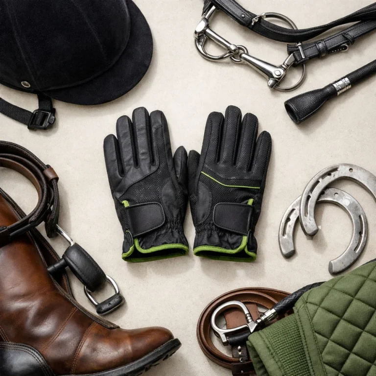 Flat-lay of women’s riding gloves with simple equestrian gear on a neutral background