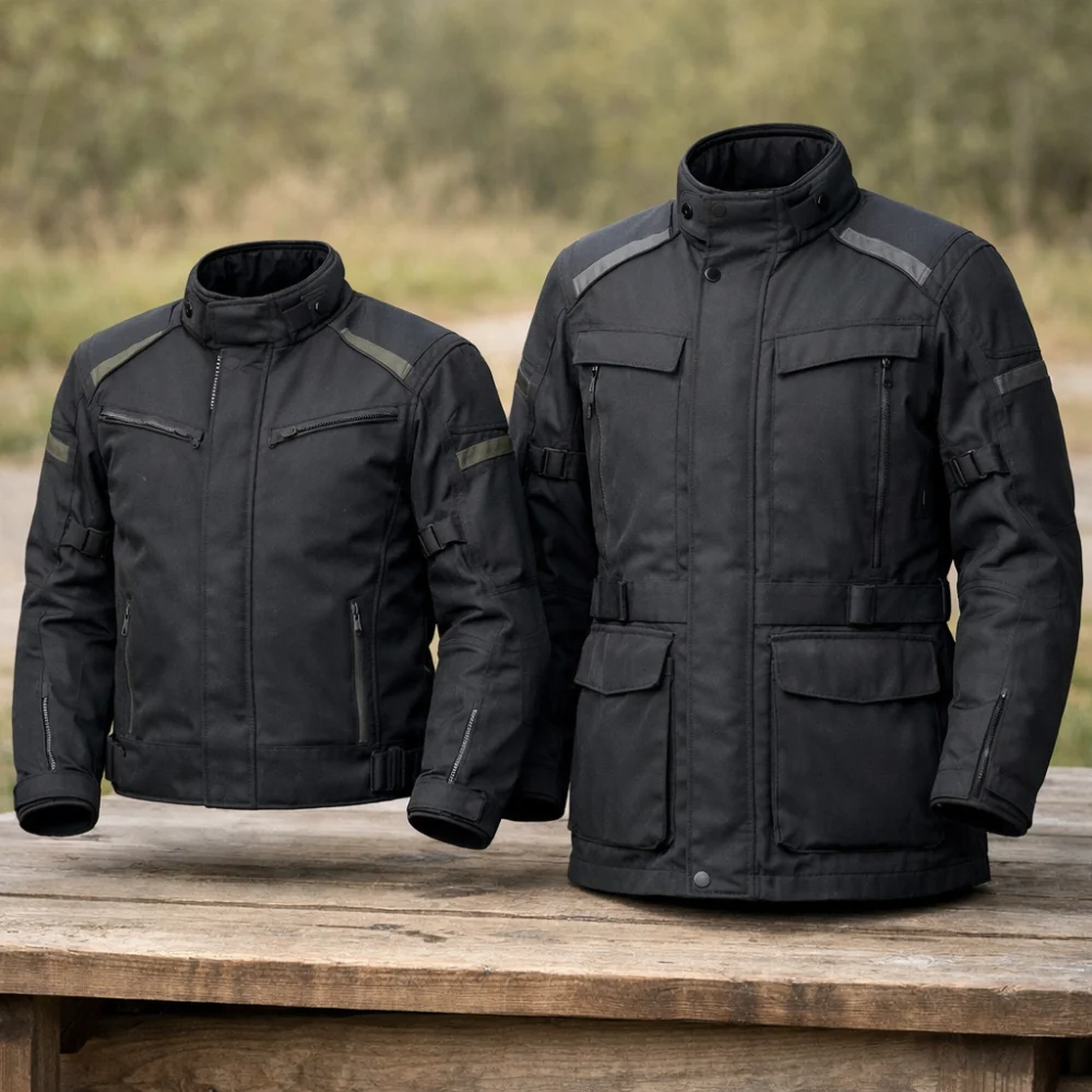Two riding jackets showing different lengths and coverage