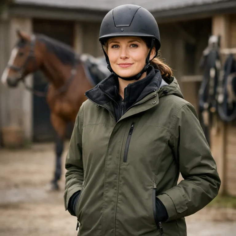 Woman wearing a riding jacket at a stable yard