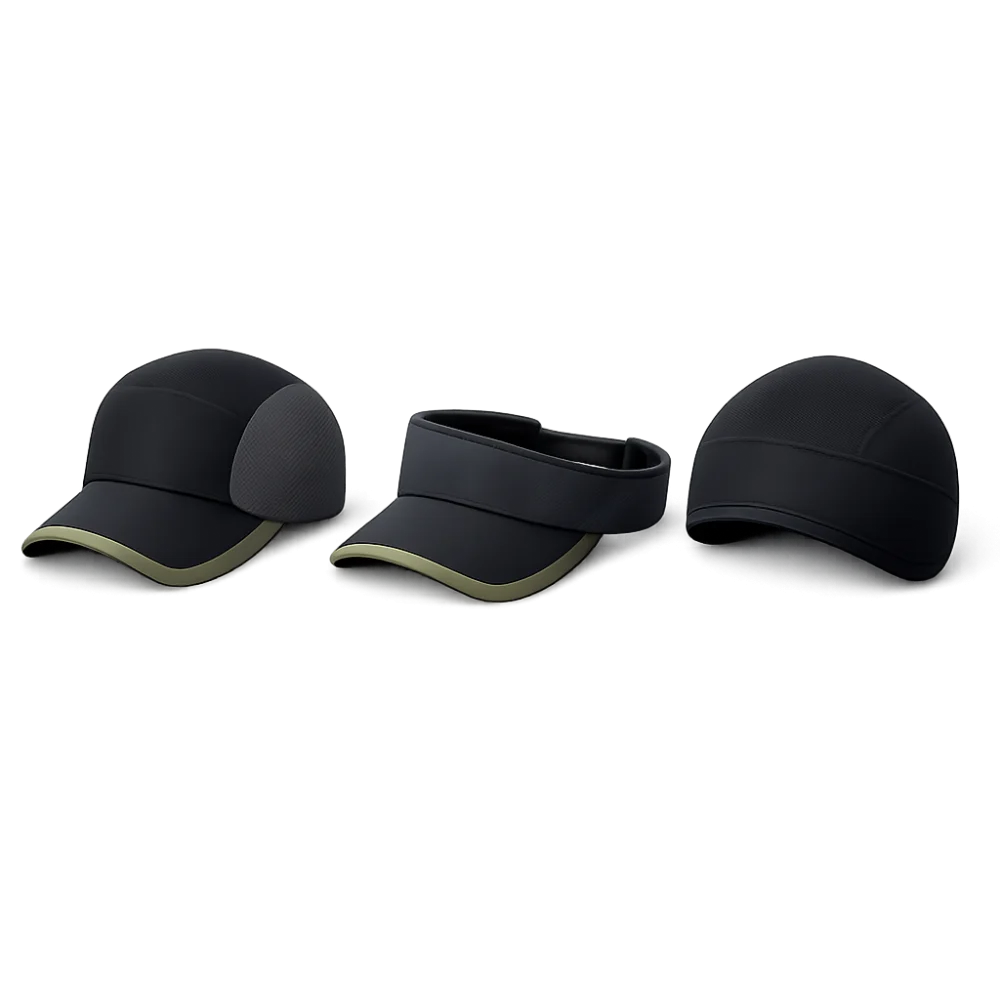 Three women's running hat styles shown side by side on a plain background.
