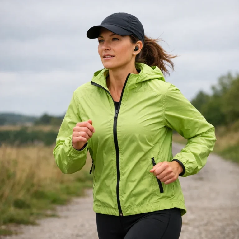 Woman running outdoors in a lightweight running jacket on a cool day.