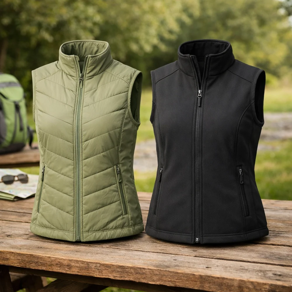 Two women’s gilet silhouettes illustrating different softshell style options
