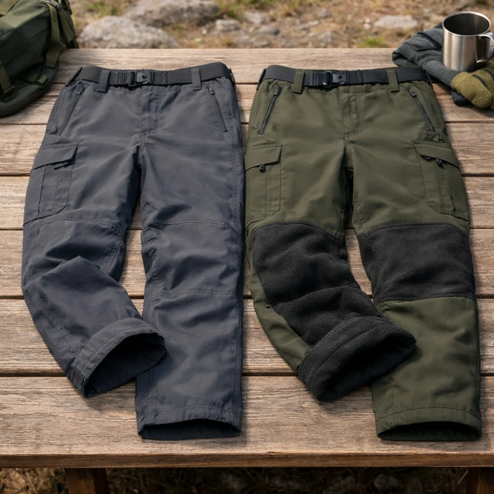 Two styles of women’s outdoor trousers shown side by side to compare lighter and warmer options