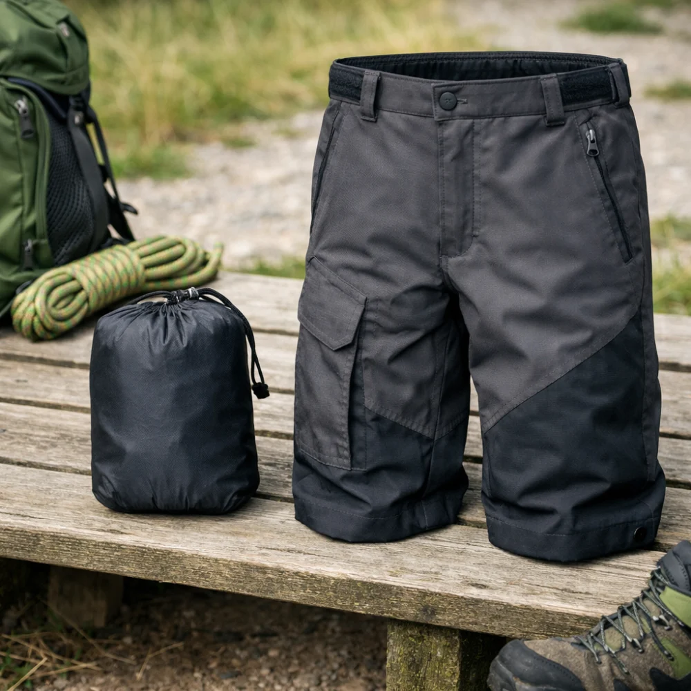 Side-by-side outdoor trousers showing a lightweight packable style and a more substantial style.